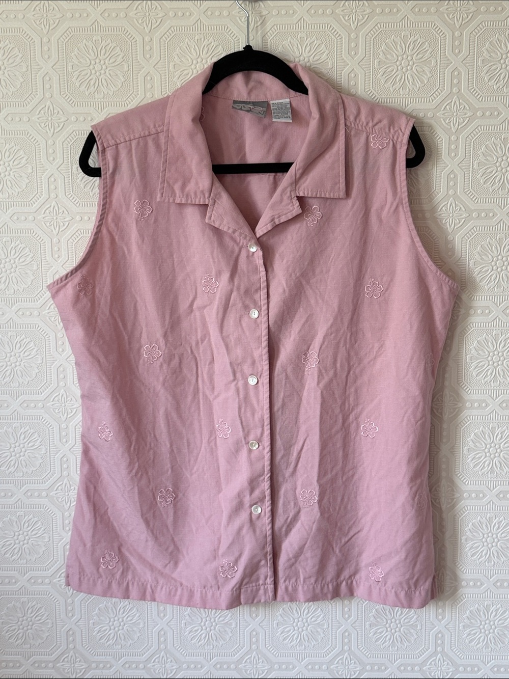 OP Sport Sleeveless Button-Down Top Embroidered Hibiscus Flowers Pink Sz XL